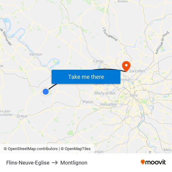 Flins-Neuve-Eglise to Montlignon map