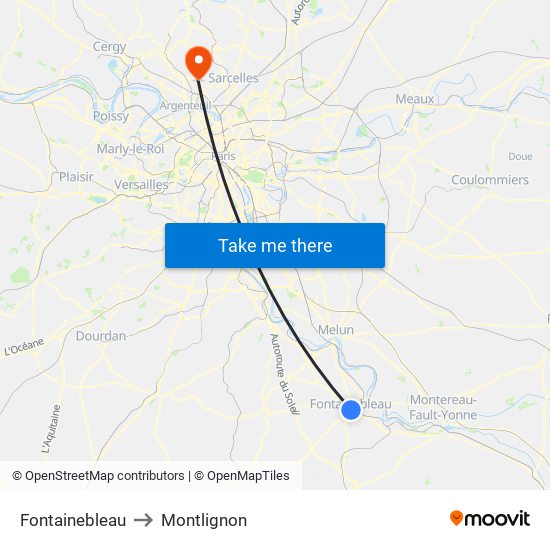 Fontainebleau to Montlignon map