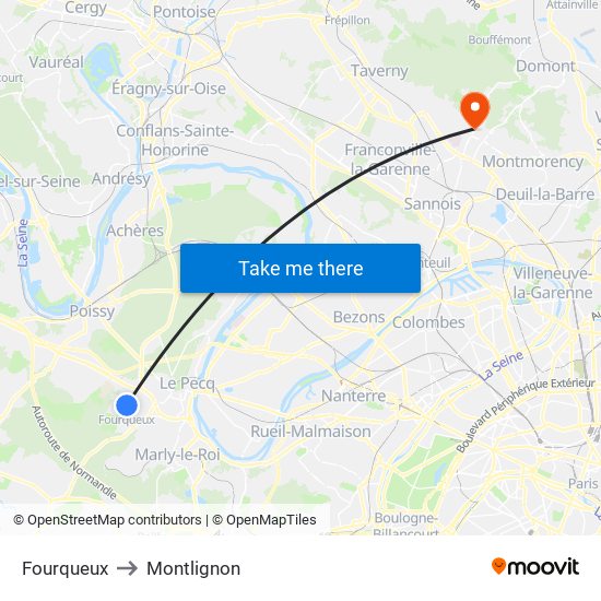 Fourqueux to Montlignon map