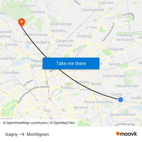 Gagny to Montlignon map