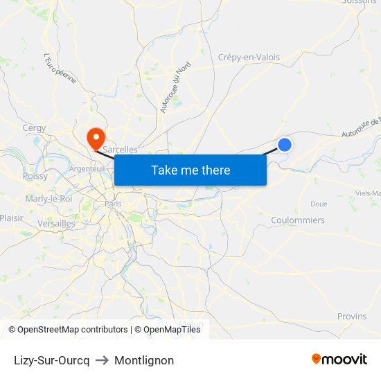 Lizy-Sur-Ourcq to Montlignon map
