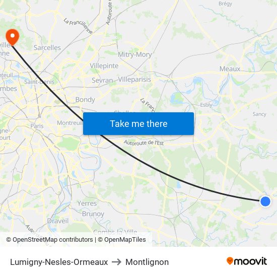 Lumigny-Nesles-Ormeaux to Montlignon map