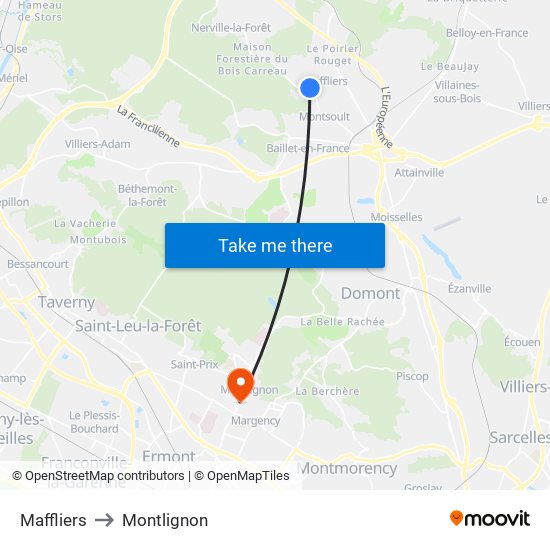 Maffliers to Montlignon map