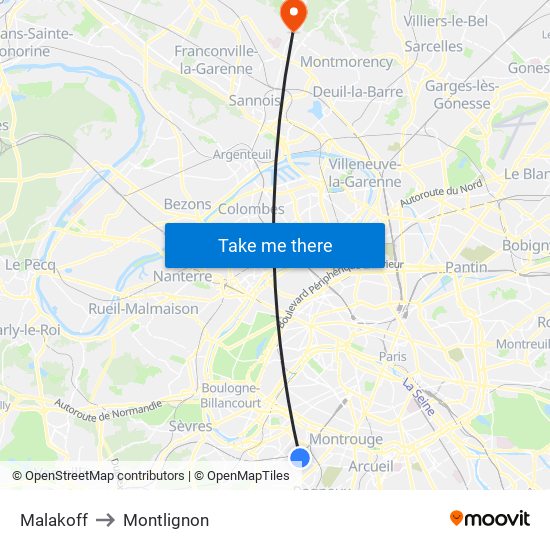 Malakoff to Montlignon map