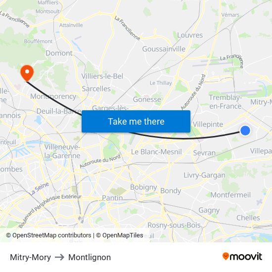 Mitry-Mory to Montlignon map