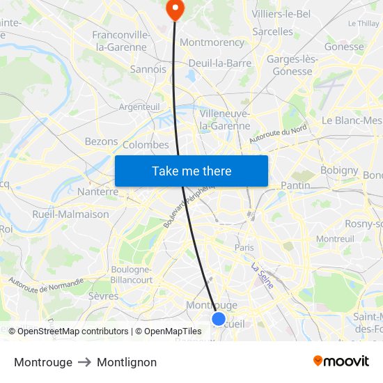 Montrouge to Montlignon map
