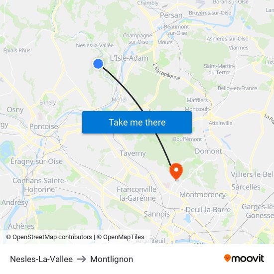 Nesles-La-Vallee to Montlignon map