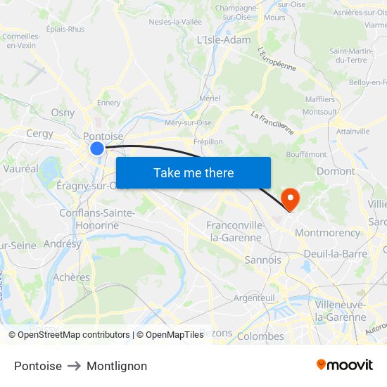 Pontoise to Montlignon map