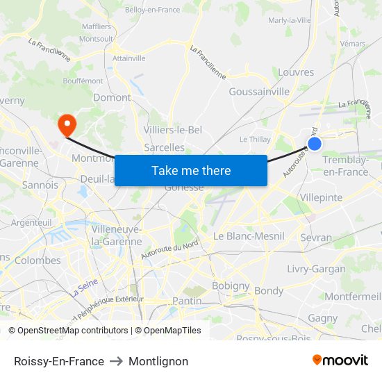 Roissy-En-France to Montlignon map