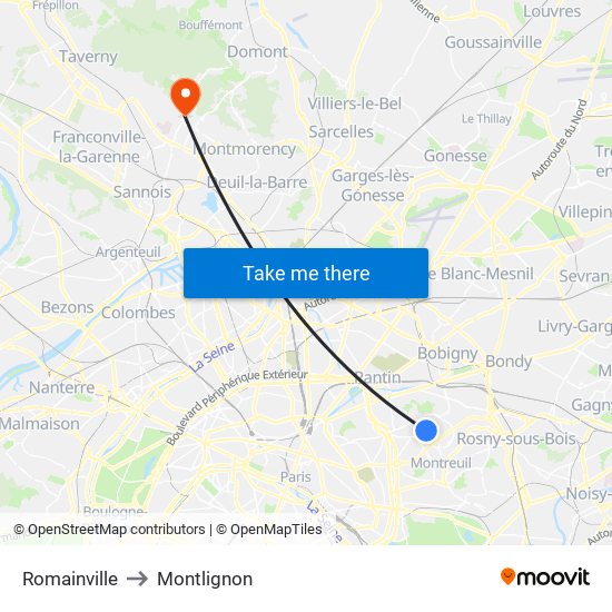 Romainville to Montlignon map