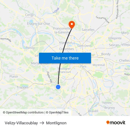 Velizy-Villacoublay to Montlignon map
