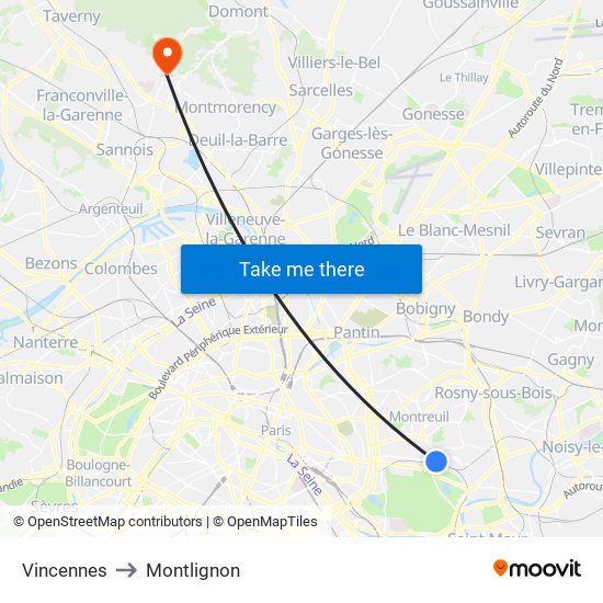 Vincennes to Montlignon map