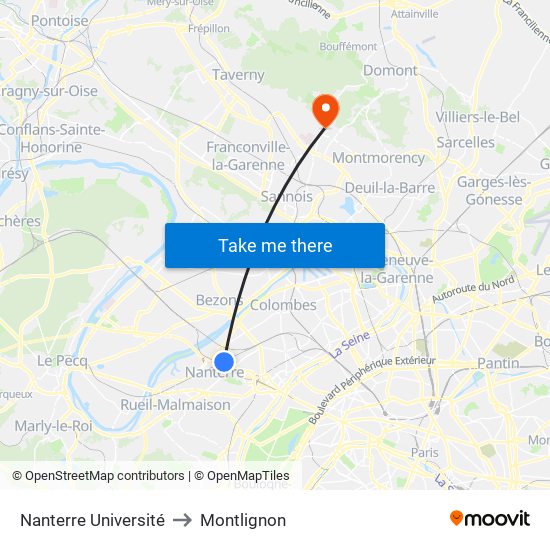 Nanterre Université to Montlignon map