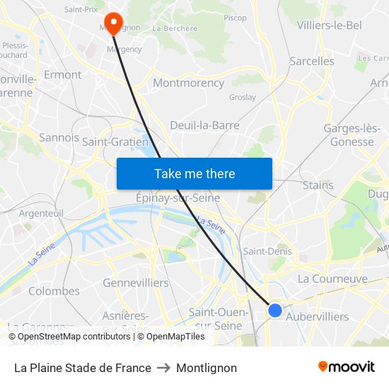 La Plaine Stade de France to Montlignon map