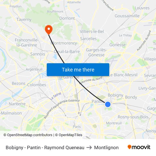 Bobigny - Pantin - Raymond Queneau to Montlignon map