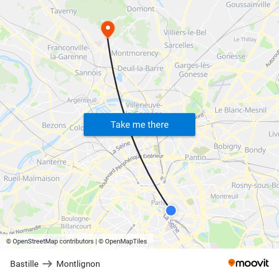 Bastille to Montlignon map