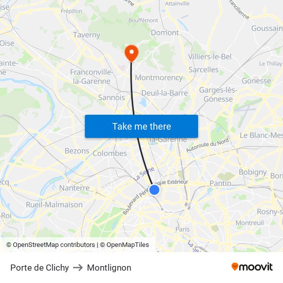 Porte de Clichy to Montlignon map
