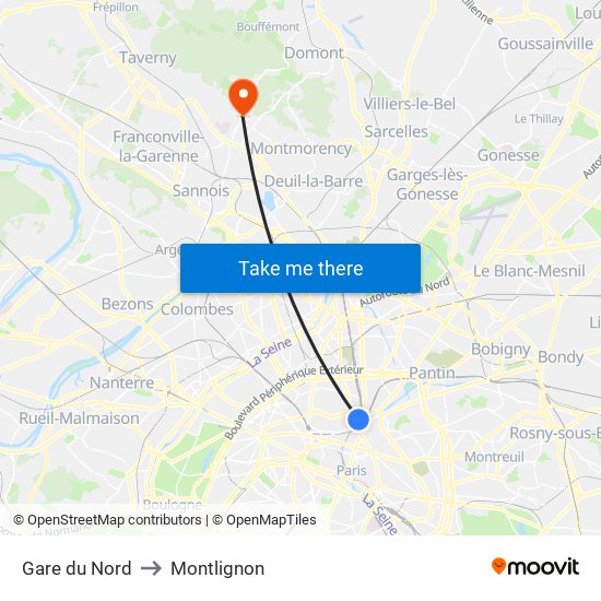 Gare du Nord to Montlignon map