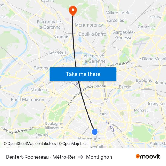 Denfert-Rochereau - Métro-Rer to Montlignon map