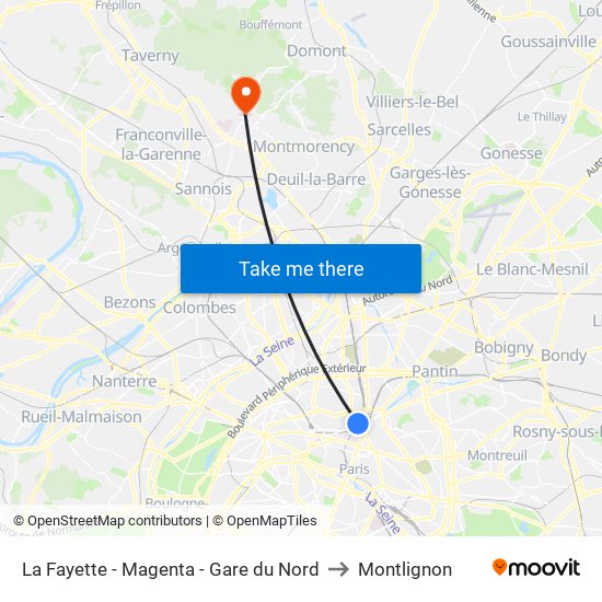La Fayette - Magenta - Gare du Nord to Montlignon map