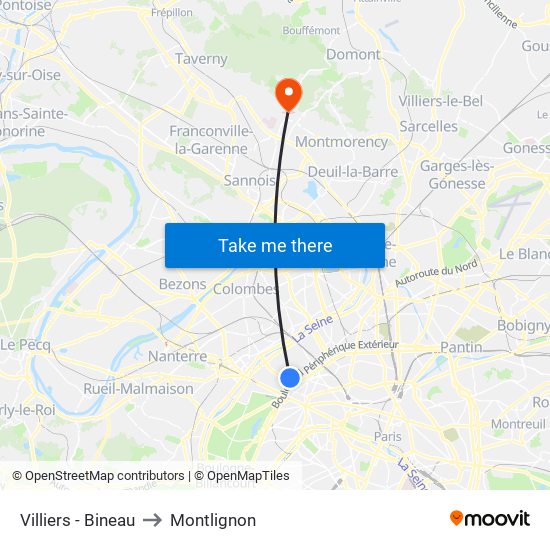 Villiers - Bineau to Montlignon map