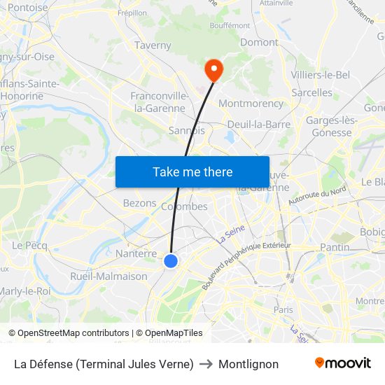 La Défense (Terminal Jules Verne) to Montlignon map