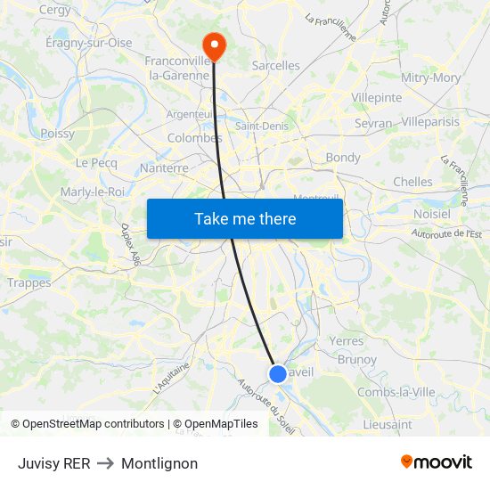 Juvisy RER to Montlignon map