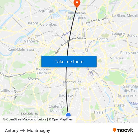 Antony to Montmagny map