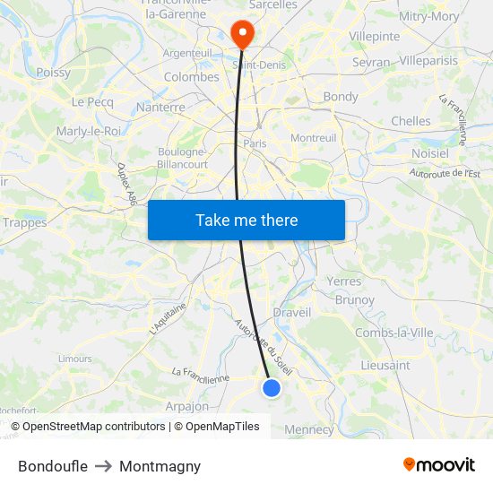 Bondoufle to Montmagny map