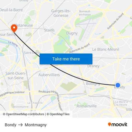 Bondy to Montmagny map
