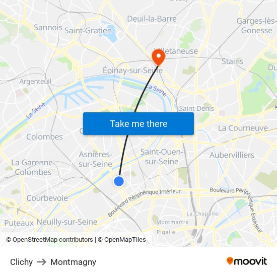 Clichy to Montmagny map