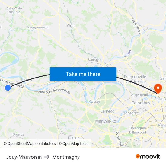 Jouy-Mauvoisin to Montmagny map