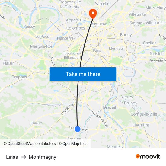 Linas to Montmagny map