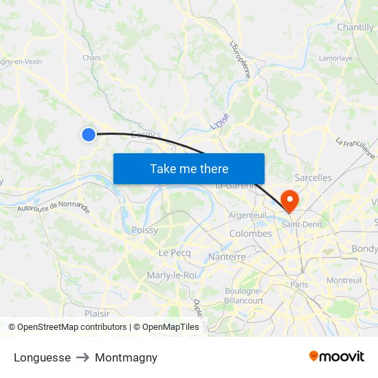 Longuesse to Montmagny map