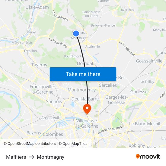 Maffliers to Montmagny map
