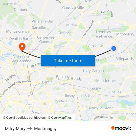 Mitry-Mory to Montmagny map