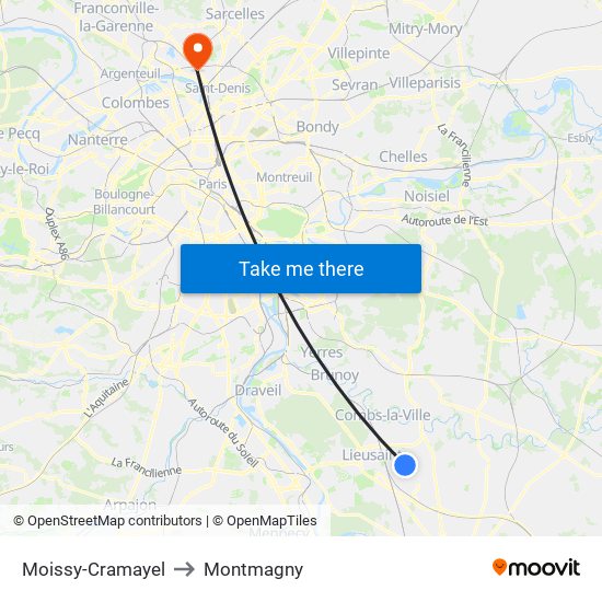 Moissy-Cramayel to Montmagny map