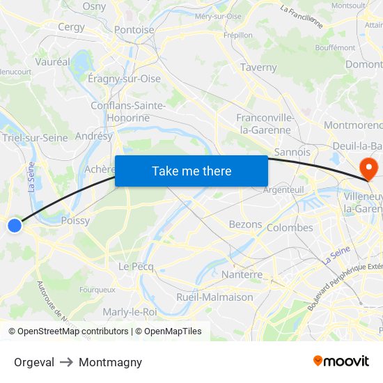 Orgeval to Montmagny map