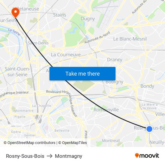 Rosny-Sous-Bois to Montmagny map