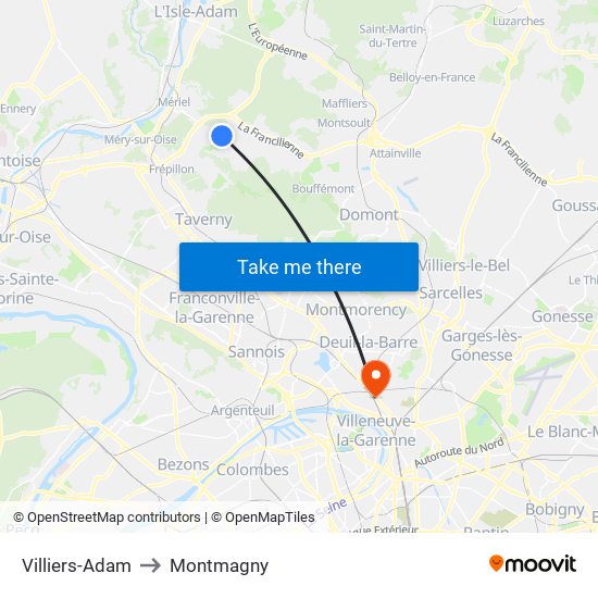 Villiers-Adam to Montmagny map