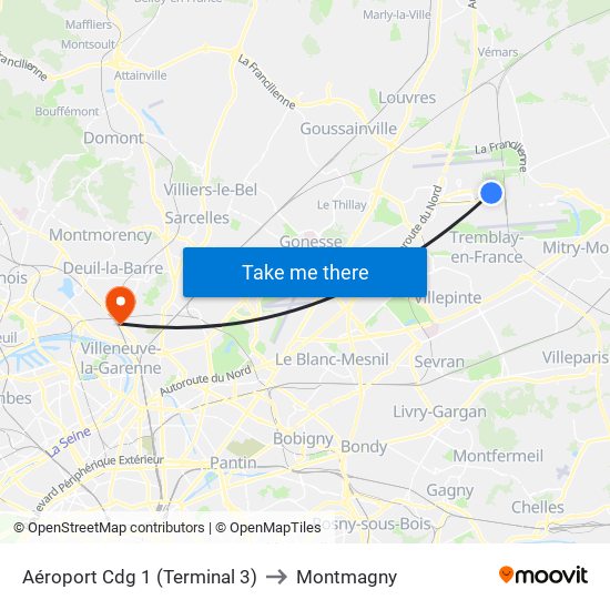 Aéroport Cdg 1 (Terminal 3) to Montmagny map