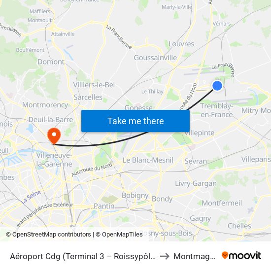 Aéroport Cdg (Terminal 3 – Roissypôle) to Montmagny map