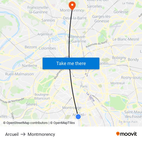 Arcueil to Montmorency map