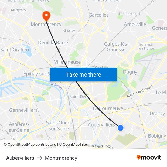 Aubervilliers to Montmorency map