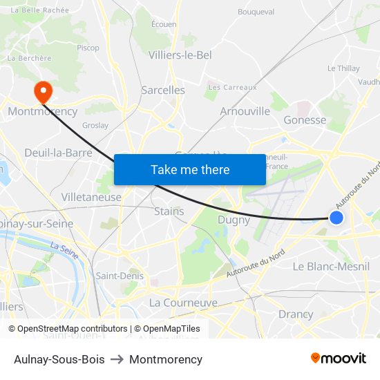 Aulnay-Sous-Bois to Montmorency map