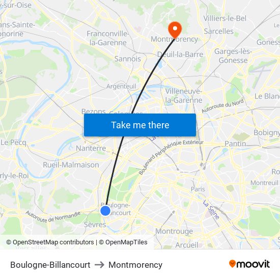 Boulogne-Billancourt to Montmorency map