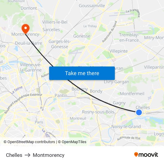 Chelles to Montmorency map