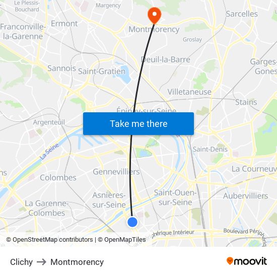 Clichy to Montmorency map
