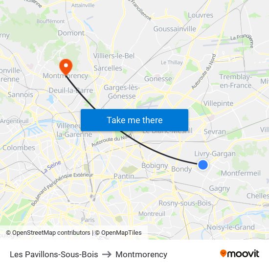 Les Pavillons-Sous-Bois to Montmorency map