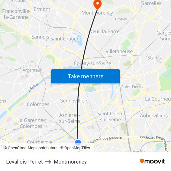 Levallois-Perret to Montmorency map